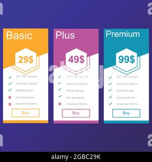 Comparison table. Price chart template, business plan pricing grid, web banner checklist design template. Vector compare price design list Stock Vector