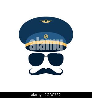 Portrait of pilot with mustache in cap and glasses. Vector illustration. Stock Vector