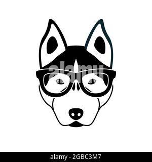 Portrait of husky dog with glasses, black and white flat style. Vector illustration of Hipster dog. Stock Vector