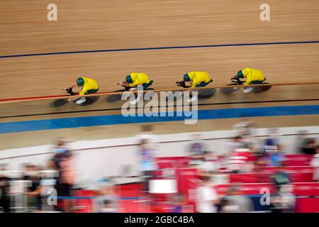 TOKYO, JAPAN - AUGUST 2: Alexander Porter of Austraila, Leigh Howard of Austraila, Sam Welsford of Austraila, Kelland O'Brien of Austraila competing on Cycling Track during the Tokyo 2020 Olympic Games at the Izu Velodrome on August 2, 2021 in Tokyo, Japan (Photo by Yannick Verhoeven/Orange Pictures) Stock Photo