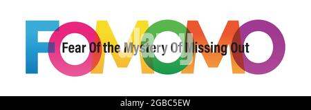 FOMOMO word vector illustration. Fear of the Mystery of Missing Out. Colored rainbow text. Vector banner. Corporate concept. Gradient Text. Transparency Letters. Vector illustration Stock Vector