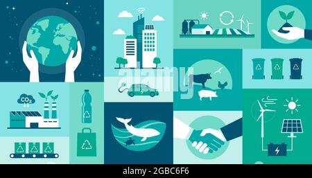 Ecology icons set: environmental protection, smart cities, sustainable industry and agriculture, animal welfare and renewable energy concept Stock Vector