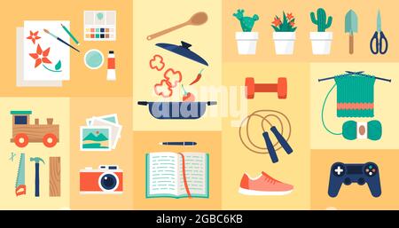 Creative hobby ideas and recreational activities that you can do at home, icons set Stock Vector