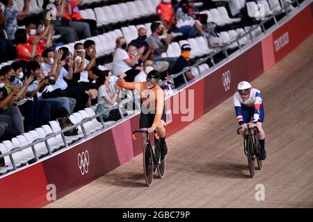 (210803) --IZU, Aug. 3, 2021 (Xinhua) -- Jeffrey Hoogland (L) of the Netherlands celebrates after cycling track men's team sprint final at Tokyo 2020 Olympic Games, in Izu, Japan, Aug. 3, 2021. (Xinhua/Zhang Hongxiang) Stock Photo