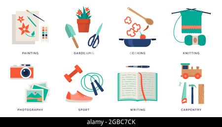 Creative hobby ideas and recreational activities that you can do at home, icons set Stock Vector