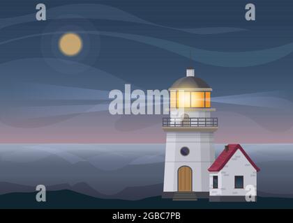 Lighthouse tower and small house at night Stock Vector