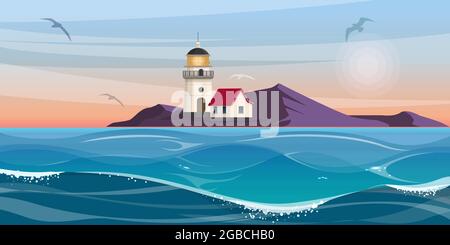 Lighthouse tower and small house on the rocky coast Stock Vector