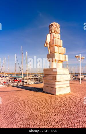 Statue / monument sculpture of Sebastiao Jose de Carvalho e Melo, 1st Marquis of Pombal surounded by traditional Portuguese cobbles or calcada situate Stock Photo