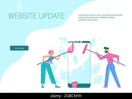 Landing webpage template of Support service is cleaning the smartphone screen. Operating system update, software updating process of online news metap Stock Vector