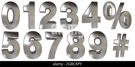 Large size set of high resolution silver metalic 3D numbers Stock Photo