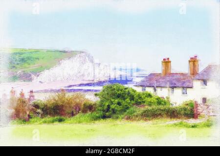 View of the seven sisters cliffs across the coastguard cottages, Cuckmere Haven, East Sussex. Painted effect with added texture.