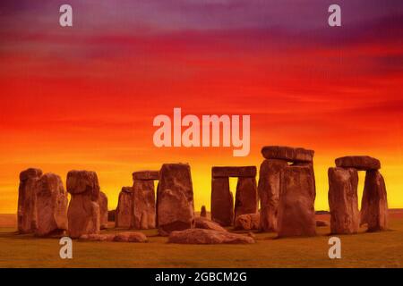 Stonehenge at sunrise on Salisbury Plain, Wiltshire England. Given a painted and textured look. Stock Photo