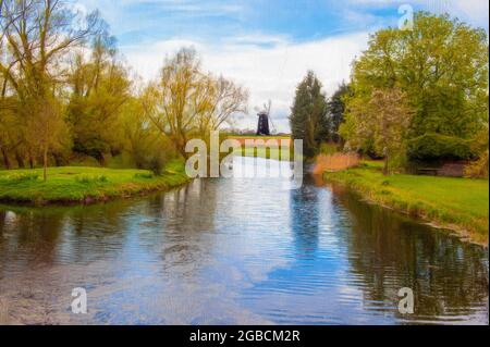 Pakenham Windmill Suffolk taken from the Pakenham water mill across the mill pool. Given a painted and textured look. Stock Photo