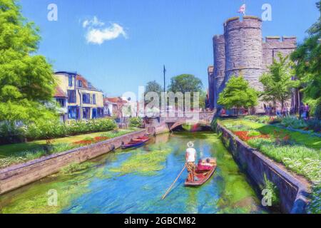 Punting on the great stour river, Canterbury Kent as it passes through Westgate gardens to Westgate tower. Given a painted and textured appearance Stock Photo