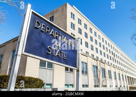 Washington DC,District of Columbia,Federal government,office building Department of State,sign front entrance outside exterior Stock Photo