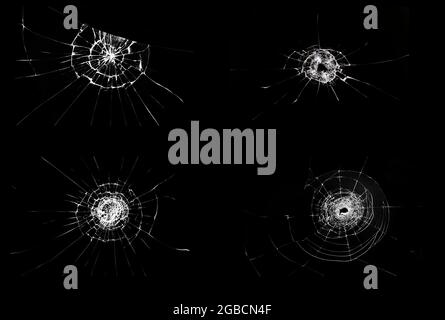 Collage of cracked and broken glass, chips, cracks and openings from shot glass on glass. Stock Photo