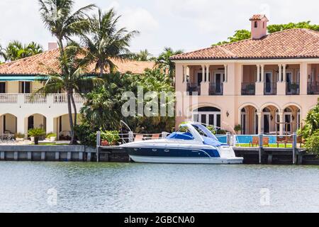 Miami Beach Florida,Indian Creek water mansions homes residences houses yacht boat, Stock Photo