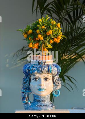 Taormina, Messina, Sicily, Italy. Sunlit miniature orange tree growing in magnificent ceramic Testa di Moro flowerpot in the form of a human head. Stock Photo