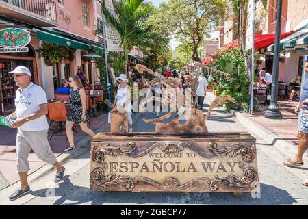 Miami Beach Florida,Espanola Way Spanish Village,entrance welcome sign, historic landmark al fresco restaurants visitors attraction Stock Photo