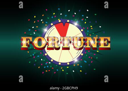 Fortune wheel poster. Inscription,spinning lucky roulette with confetti on dark background. Life good luck and success symbol. Take chance, win and get prize concept. Winner banner vector illustration Stock Vector