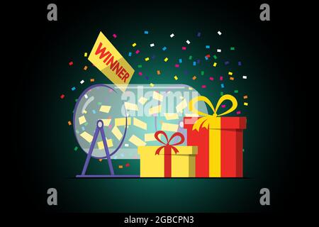 Prize raffle rotating drum with lottery tickets and lucky winner gift boxes on dark background. Online random draw promotional design concept. Gambling vector eps illustration Stock Vector