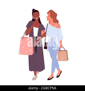 Stylish girls best friends shopping, young happy characters walking with purchase in bags Stock Vector