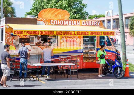 Miami Florida,Westchester food truck,pop-up restaurant Hispanic food Bakery,sign Spanish language,vendor breakfast lunch empanadas customer, Stock Photo