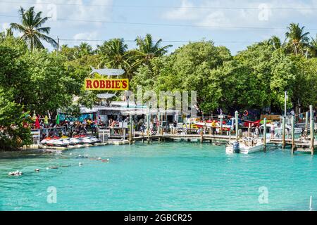 Florida Upper Florida Keys Islamorada Lower Matecumbe Key,Robbie’s Marina Florida Bay waterfront water Hungry Tarpon restaurant, Stock Photo