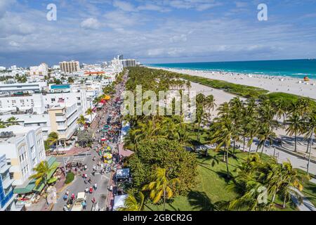 Miami Beach Florida,Ocean Drive,South Beach,Art Deco Weekend annual event festival,Lummus Park Atlantic Ocean hotels,aerial overhead view from above Stock Photo