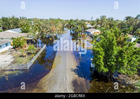 Bonita Springs Florida,Chapman Avenue,flood flooded neighborhood street after Hurricane Irma,aerial overhead view houses homes residences, Stock Photo