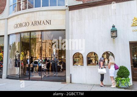 Massachusetts Boston Back Bay Newbury Street,luxury name brand shopping,retail store stores business businesses,Giorgio Armani fashion dsigner trendy Stock Photo