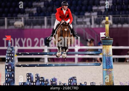 Tokyo, Japan. 03rd Aug, 2021. TOKYO, JAPAN - AUGUST 3: Niels Bruynseels of Belgium competing on Jumping Individual Qualifier during the Tokyo 2020 Olympic Games at the Equestrian Park on August 3, 2021 in Tokyo, Japan (Photo by Pim Waslander/Orange Pictures) Credit: Orange Pics BV/Alamy Live News Stock Photo