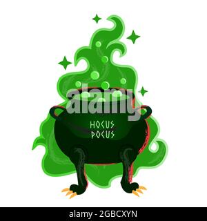 Cauldron with bubbled magic green potion. Halloween cauldron in cartoon flat style. Large magical gurgling potion in the caldron with legs Stock Vector