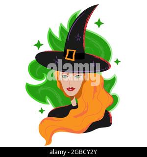 Witch portrait in black hat and red hair. Halloween red witch avatar in cartoon flat style. Magican red-haired character portrait isolated on white Stock Vector