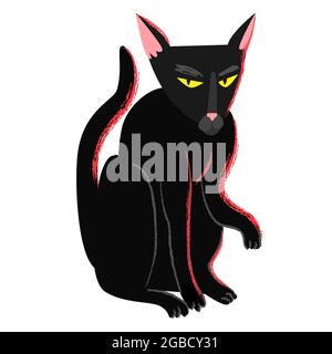 Black witch halloween cat in cartoon flat style. Black creepy grumpy cat. Hellcat clipart isolated on white. Vector illustration Stock Vector