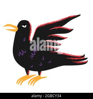 Black raven. The raven of the witch. Halloween crow black bird with open wings in cartoon flat style. Stock Vector