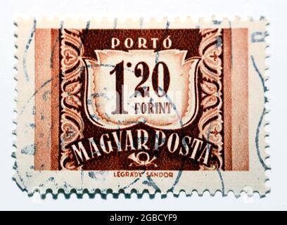 A postage stamp commemorating the communist postal ministers conference in Hungary, Postage due series circa 1965, Magyar posta value 1.20 Forint 1.20 Stock Photo