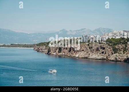 View of Antalya Turkey and the Mediterranean Sea. Panorama of Antalya in summer sunny weather. Turkish resorts, attractions and travel. High quality photo Stock Photo