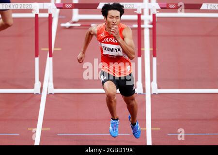 Tokyo, Japan. August 03 2021: Tokyo, Japan. 3rd Aug, 2021. Shunsuke Izumiya (JPN) Athletics : Men's 110m Hurdles Round 1 during the Tokyo 2020 Olympic Games at the National Stadium in Tokyo, Japan . Credit: Naoki Nishimura/AFLO SPORT/Alamy Live News Stock Photo