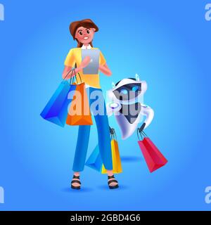 woman with modern robot holding shopping bags artificial intelligence concept full length Stock Vector