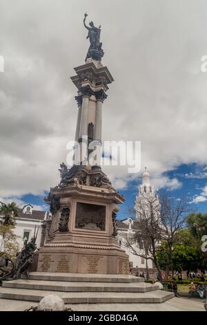 QUITO, ECUADOR - JUNE 24, 2015: Monument to the independence heroes on Plaza Grande in old town of Quito, Ecuador Stock Photo