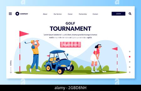 Young man and woman playing golf, vector flat cartoon character illustration. Golf tournament or competition banner flyer, ticket layout. Stock Vector
