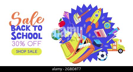 Open school backpack, flying rocket, books and pencils on blue explosion background. Vector flat cartoon illustration. Back to school sale banner post Stock Vector