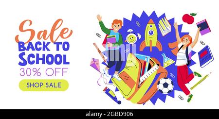 Happy jumping kids, open school backpack and flying rocket on blue background. Vector flat cartoon illustration. Back to school sale banner poster des Stock Vector