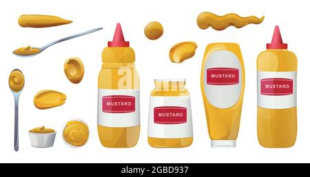 Mustard bottles and splashes set. Dijon honey sauce cream. Vector design in cartoon style for food branding. Stock Vector