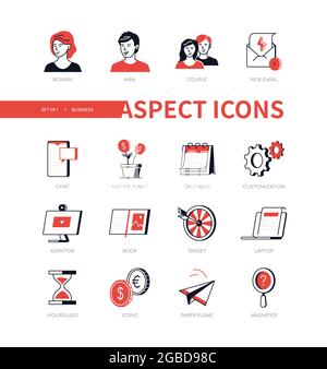 Office and workflow - line design style icons set with red flat elements. People and business attributes. Chat, couple, money plant, calendar, monitor Stock Vector