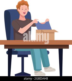 man unboxing present Stock Vector