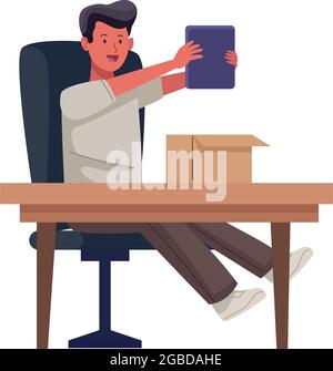 man unboxing in office Stock Vector