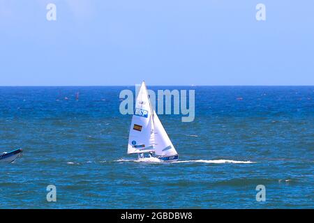 Kanagawa, Japan. 03rd Aug, 2021. Tokyo Olympics, sailing venues and races. Spain (ESP), Tokyo Olympics, Day 12 on August 3, 2021 in Kanagawa, Tokyo, Japan. (Photo by Kazuki Oishi/Sipa USA) Credit: Sipa USA/Alamy Live News Stock Photo