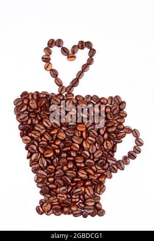 Cup with Heart Made-up of Coffee Beans Isolated on White Background Stock Photo